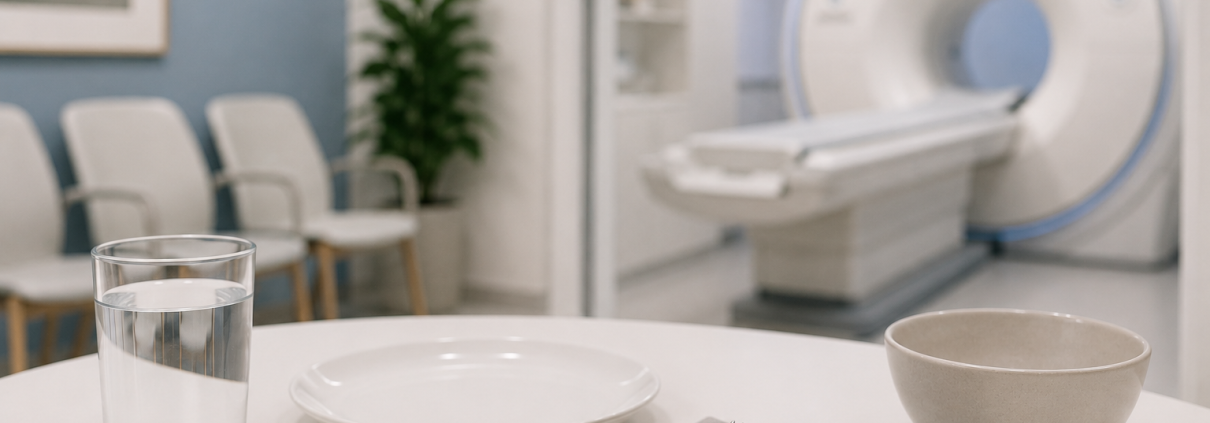 Préparation à jeun avant un examen d’imagerie médicale avec verre d’eau et scanner en arrière-plan